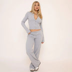 Grey Ribbed Button-Up Top & Straight Leg Trousers Set
