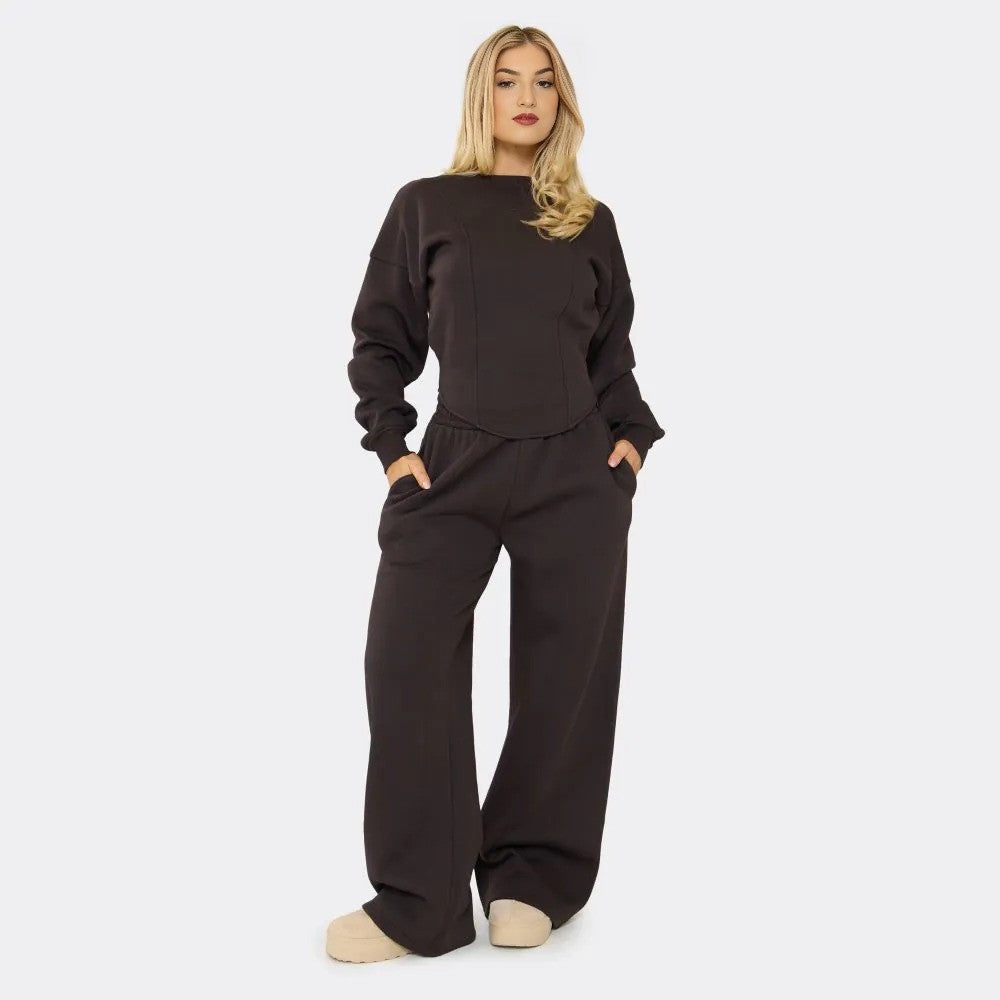 Chocolate Brown Balloon Sleeve Sweatshirt & Wide Leg Joggers Set