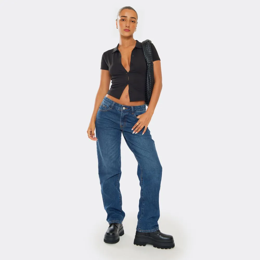 Short Sleeve Button Down T-Shirt In Black
