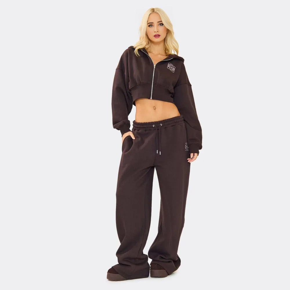 Swirl Graphic Cropped Hoodie & Tie Waist Joggers – Chocolate Brown Co-Ord Set