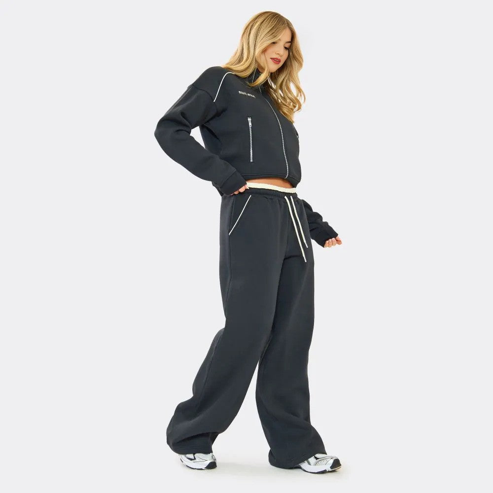 Min Min Embroidered Contrast Piping Wide Leg Joggers & Sweatshirt Set – Navy Blue