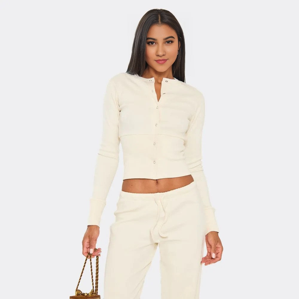 Cream Ribbed Button-Up Top & Straight Leg Trousers Set