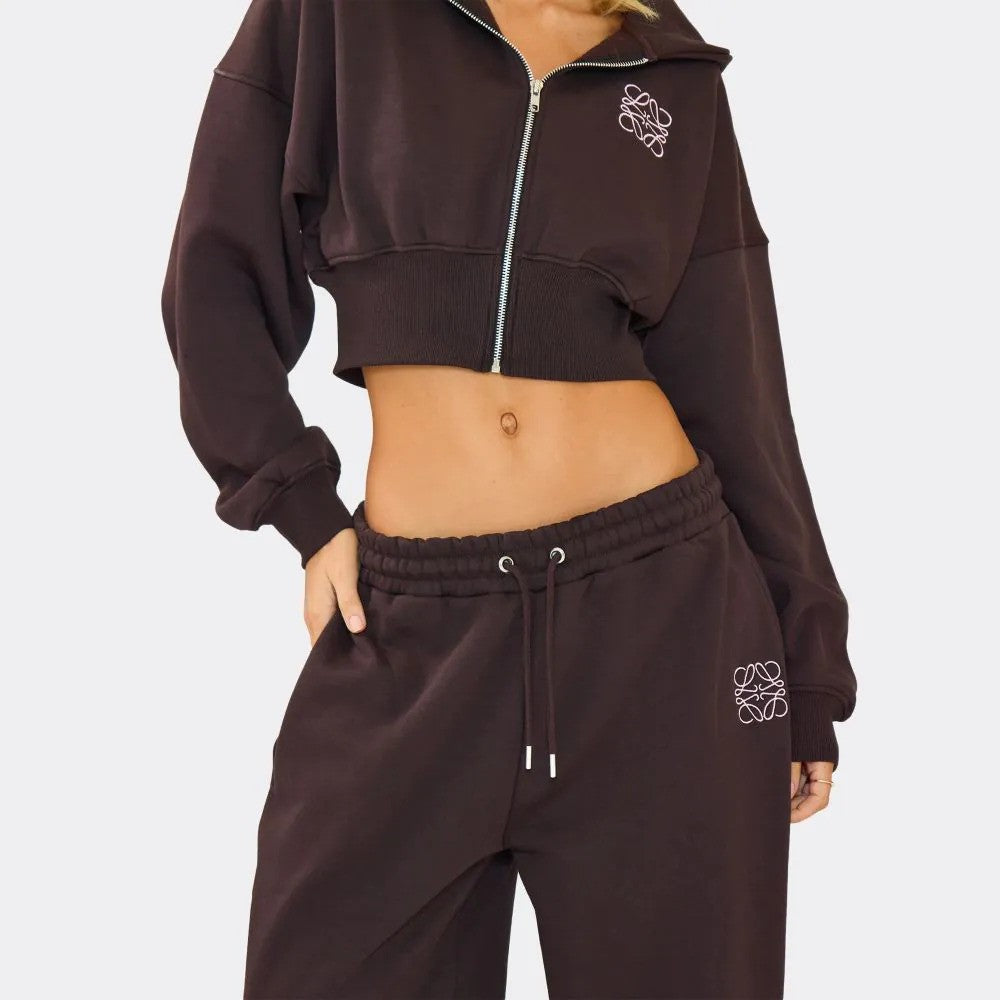 Swirl Graphic Cropped Hoodie & Tie Waist Joggers – Chocolate Brown Co-Ord Set