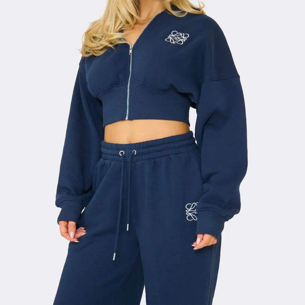 Navy Blue Swirl Graphic Cropped Hoodie & Straight Leg Joggers Set