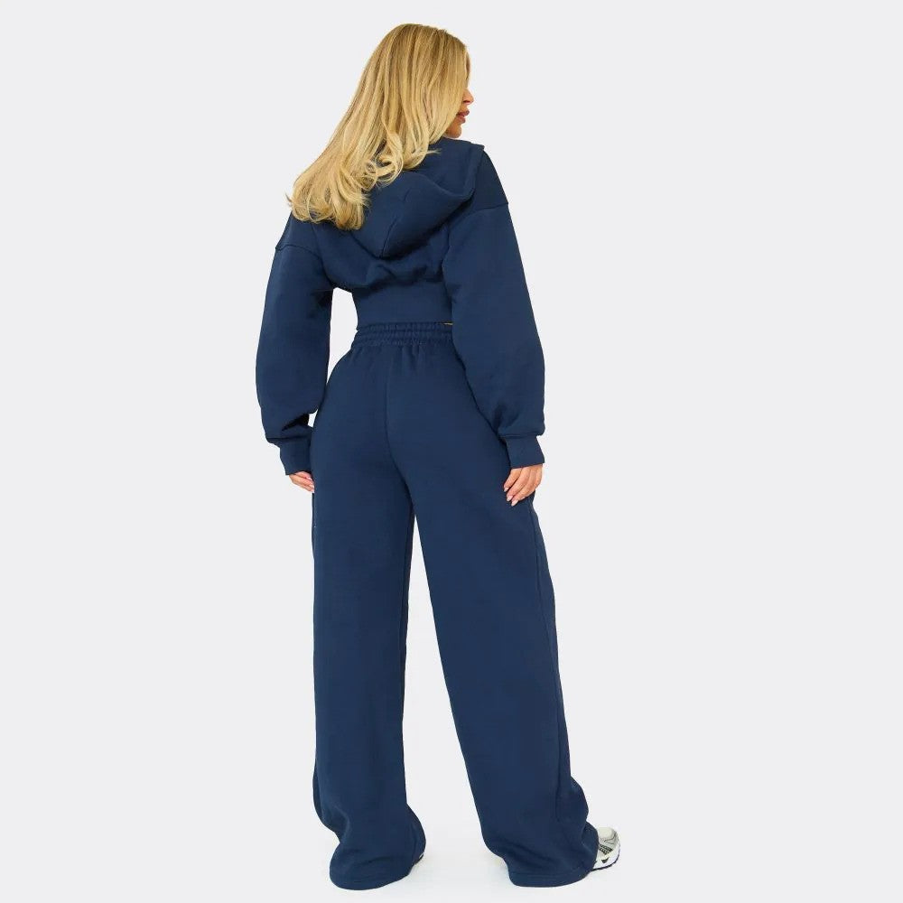 Navy Blue Swirl Graphic Cropped Hoodie & Straight Leg Joggers Set
