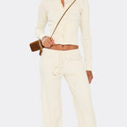Cream Ribbed Button-Up Top & Straight Leg Trousers Set
