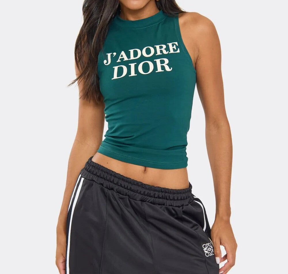 Racer Neck Slogan Print Detail Vest Top In Green