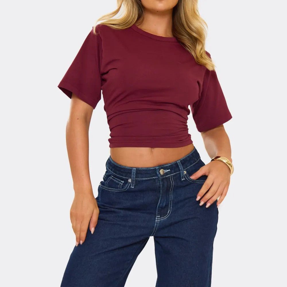 Short Sleeve Shaped Waist Fitted T-Shirt In Burgundy