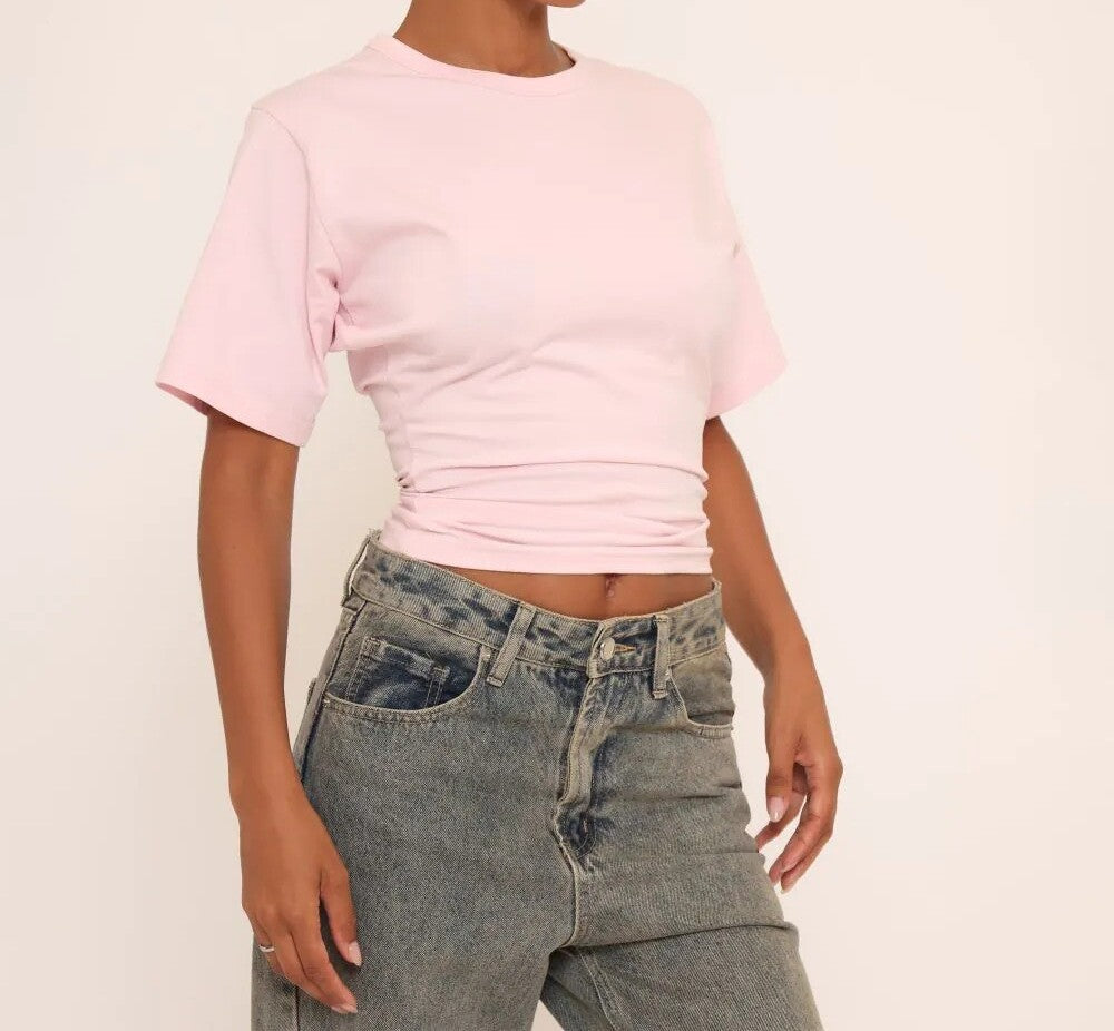 Short Sleeve Shaped Waist Fitted T-Shirt In Pink