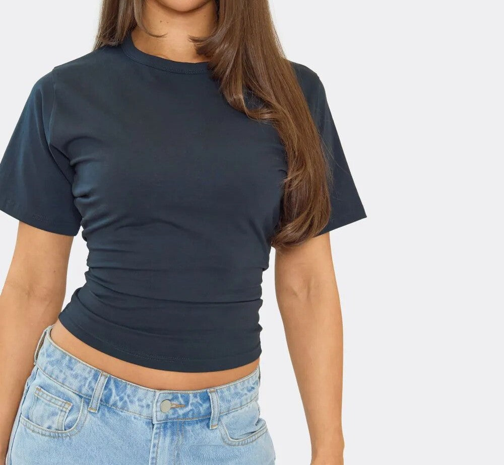 Short Sleeve Shaped Waist Fitted T-Shirt In Navy Blue