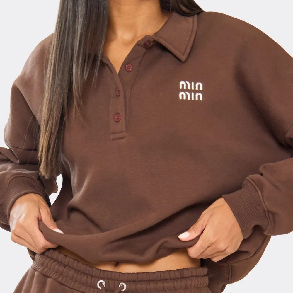 Chocolate brown ‘Min Min’ embroidered polo sweatshirt paired, comfy co-ord look