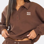 Chocolate brown ‘Min Min’ embroidered polo sweatshirt paired, comfy co-ord look