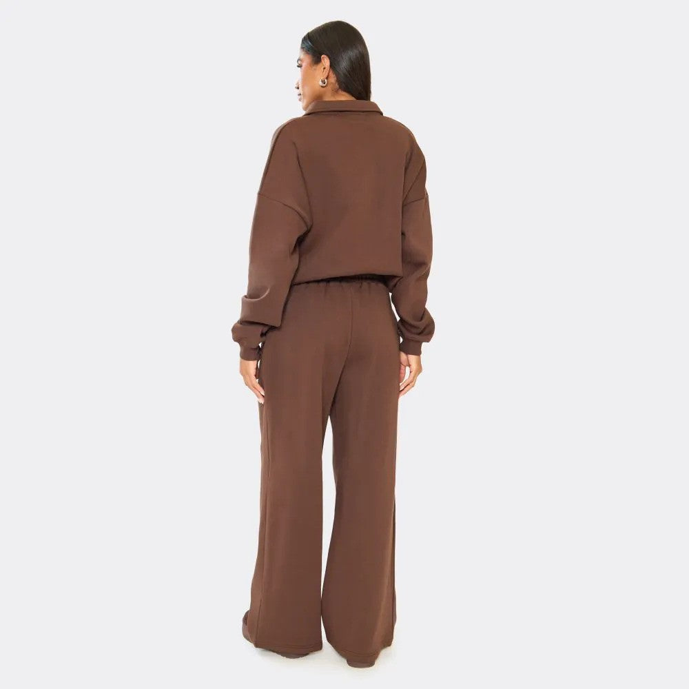 Chocolate brown ‘Min Min’ embroidered polo sweatshirt paired, comfy co-ord look