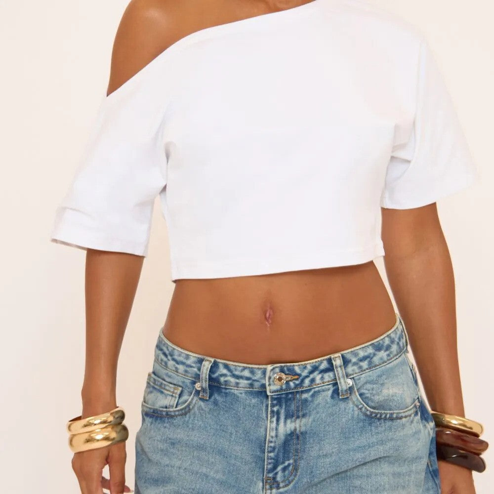 Short Sleeve Slash Neck Ruched Top – White