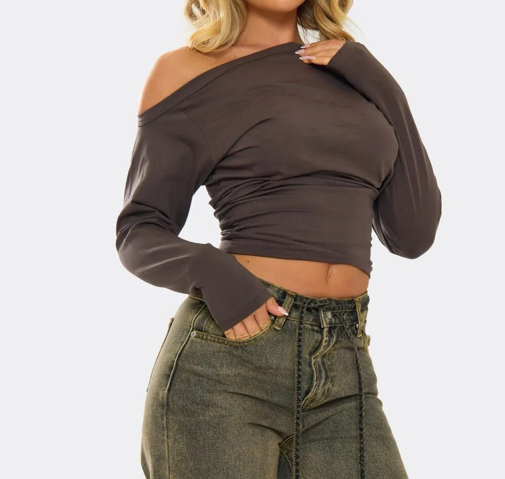 Slash Neck Long Sleeve Cinched Waist Detail T-Shirt In Brown