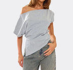 Slash Neck Asymmetric Dipped Hem T-Shirt In Grey
