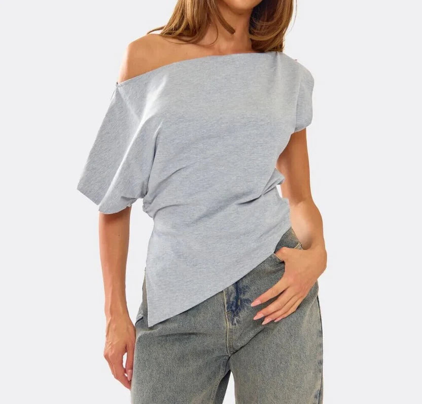Slash Neck Asymmetric Dipped Hem T-Shirt