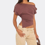 Slash Neck Asymmetric Dipped Hem T-Shirt In Chocolate Brown