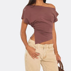 Slash Neck Asymmetric Dipped Hem T-Shirt