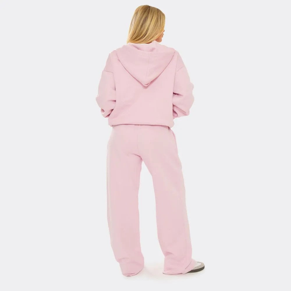 Pink Embroidered Swirl Logo Zip Up Hoodie & Wide Leg Joggers Set