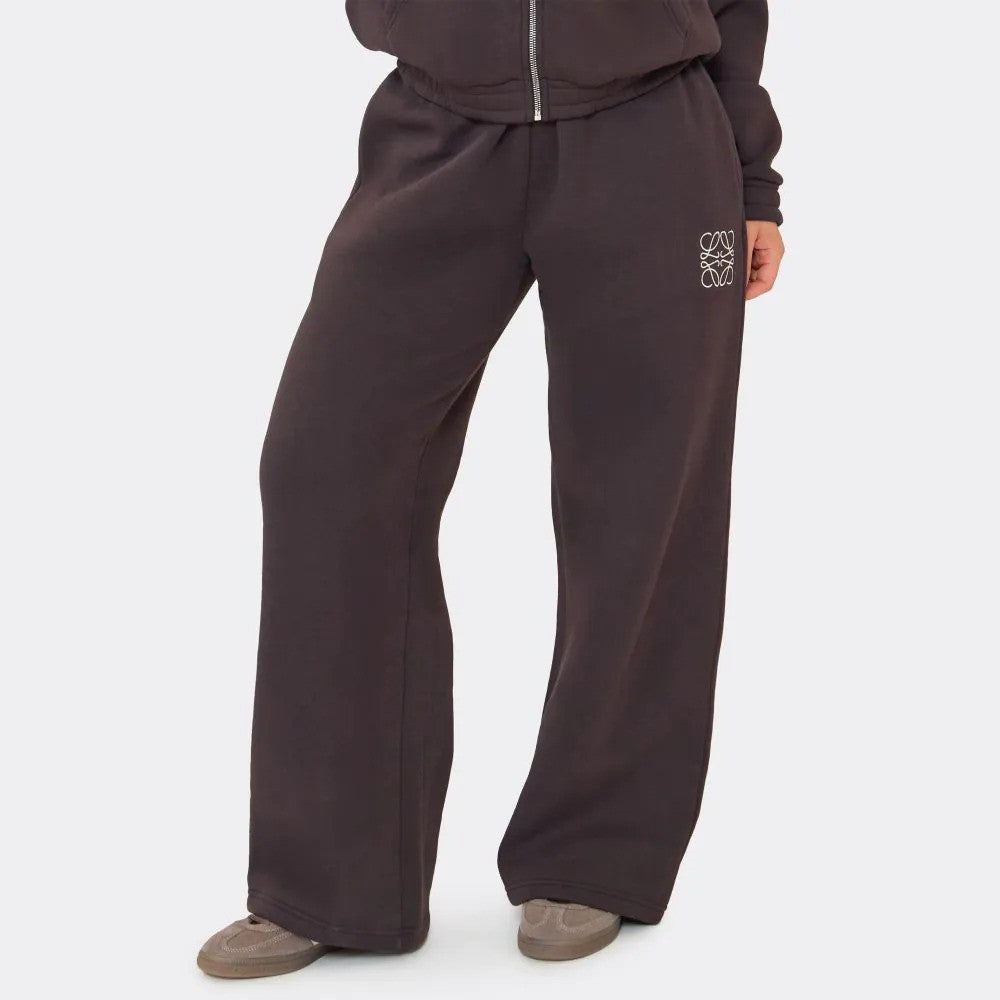 Chocolate Brown Embroidered Swirl Logo Zip Up Hoodie & Wide Leg Joggers Set