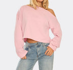 Long Sleeve Slash Neck Asymmetric Sweatshirt In Baby Pink