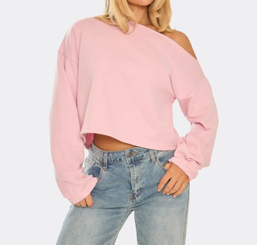 Long Sleeve Slash Neck Asymmetric Sweatshirt In Baby Pink