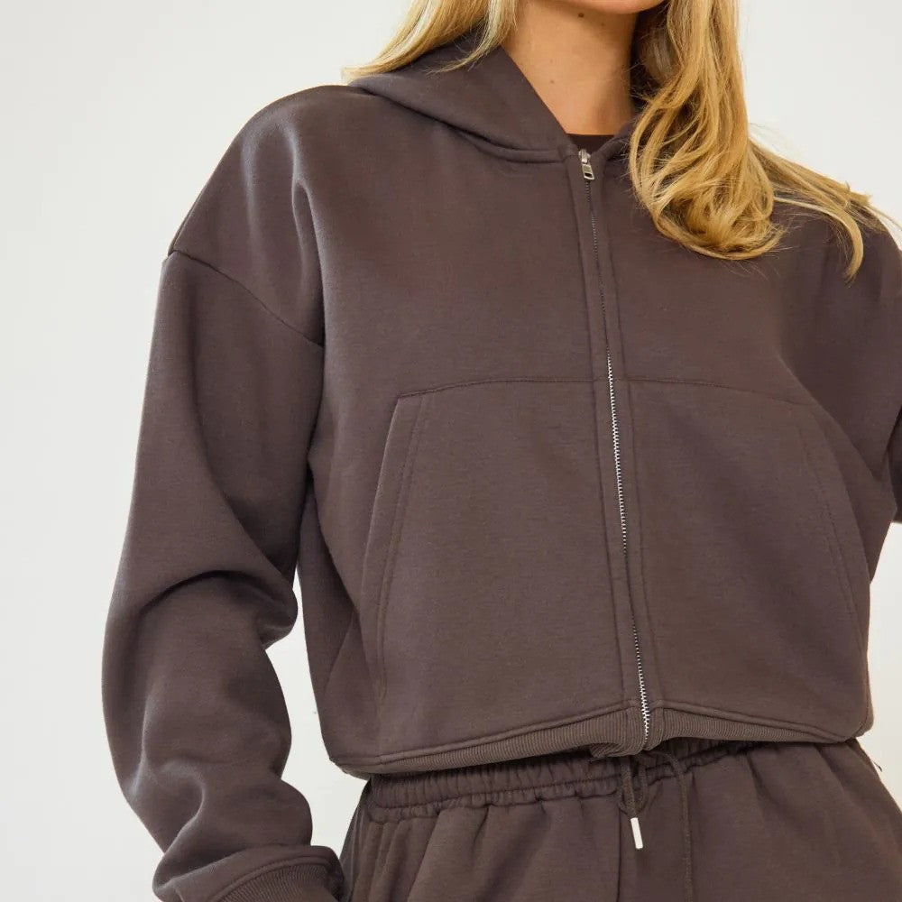 Chocolate Brown Wide Leg Joggers & Boxy Zip-Up Hoodie Set