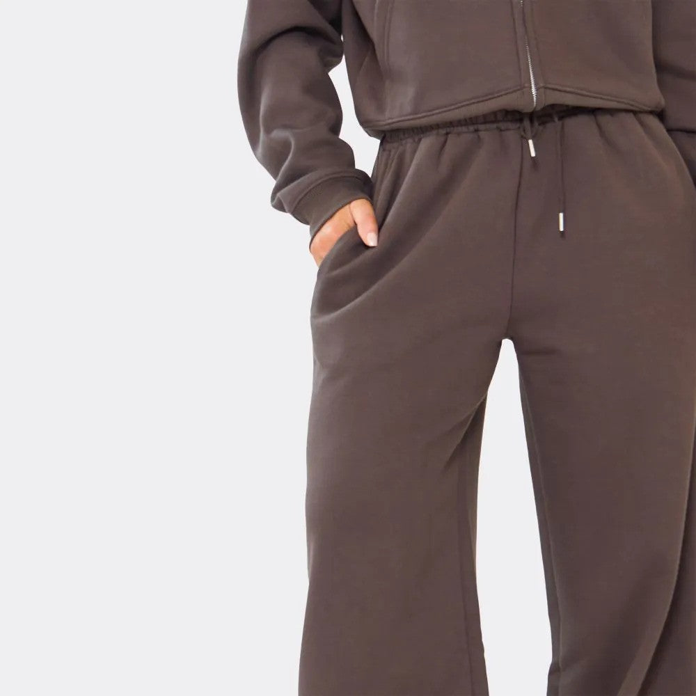 Chocolate Brown Wide Leg Joggers & Boxy Zip-Up Hoodie Set