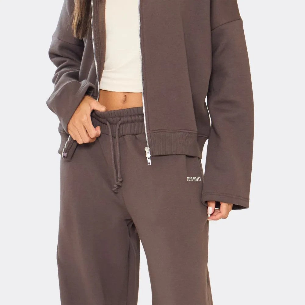 Min Min Embroidered Zip-Up Jacket & Wide Leg Joggers Co-Ord Set In Chocolate Brown