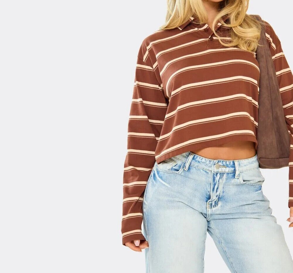 Long Sleeve Rugby Top In Brown Stripe