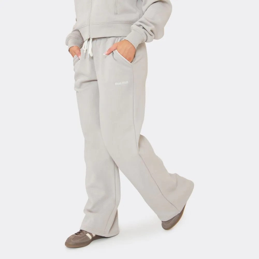 Contrast Piping ‘Min Min’ Embroidered Zip-Up Sweatshirt & Wide Leg Joggers In Grey