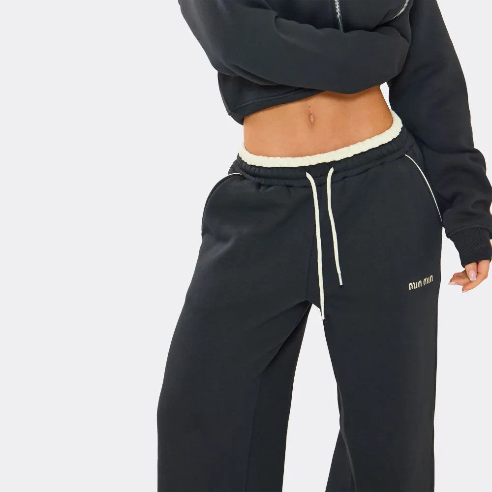 Min Min Embroidered Contrast Piping Wide Leg Joggers & Sweatshirt Set – Navy Blue