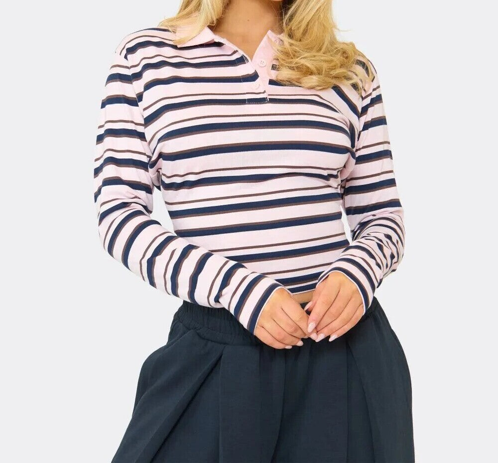 Low Rise Wide Leg Trouser & Long Sleeve Button Detail Cinched Waist Top Co-Ord Set In Pink Stripe