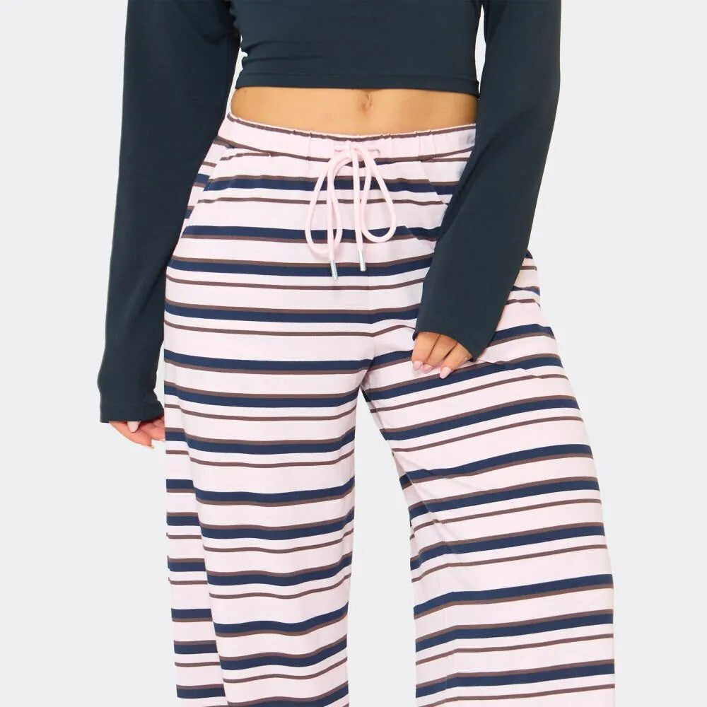 Low Rise Wide Leg Trouser & Long Sleeve Button Detail Cinched Waist Top Co-Ord Set In Pink Stripe