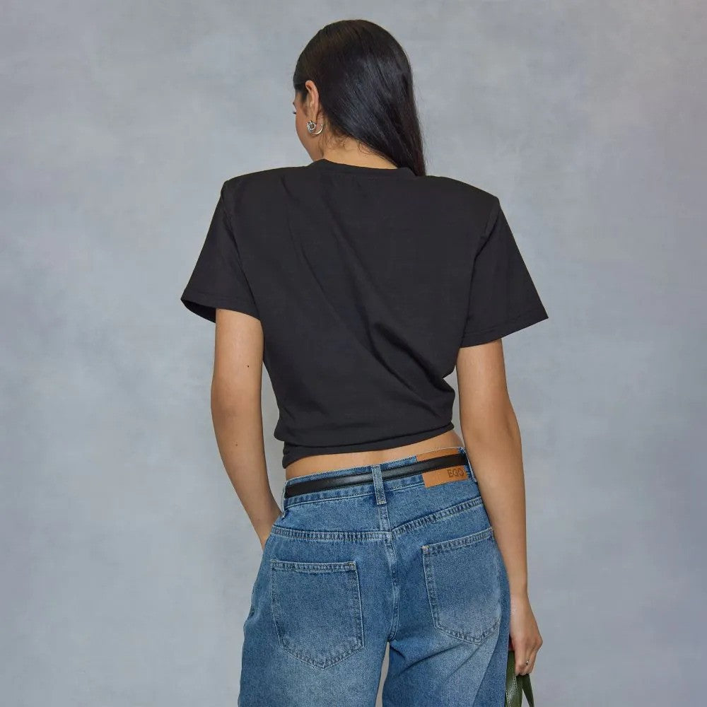 Short Sleeve Shoulder Pad Cinched Waist Fitted T-Shirt In Black