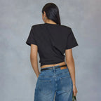 Short Sleeve Shoulder Pad Cinched Waist Fitted T-Shirt In Black