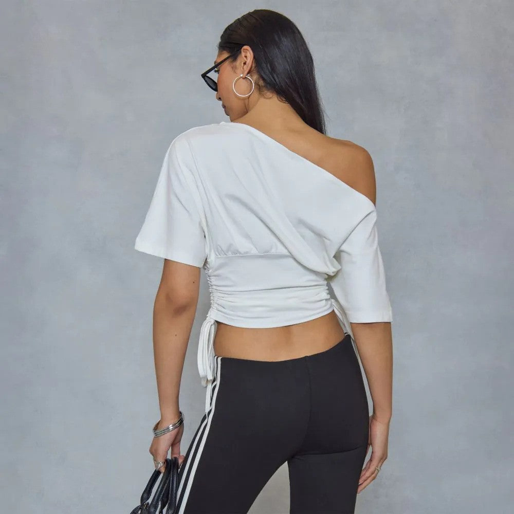Asymmetric Ruched Tie Cinched Waist Detail Top In Cream