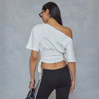 Asymmetric Ruched Tie Cinched Waist Detail Top In Cream
