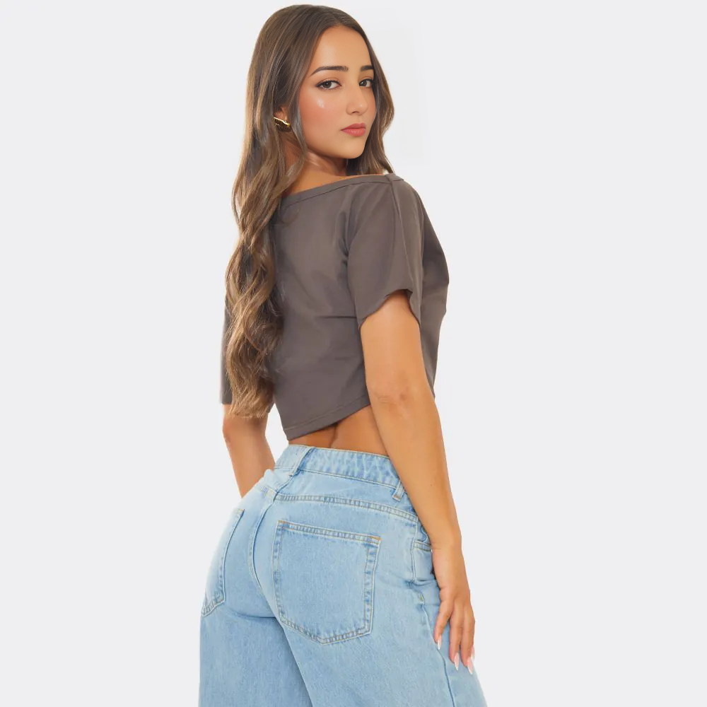 Short Sleeve Slash Neck Ruched Top – Brown