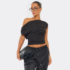 Slash Neck Off The Shoulder Cinched Waist Ruched T-Shirt In Black