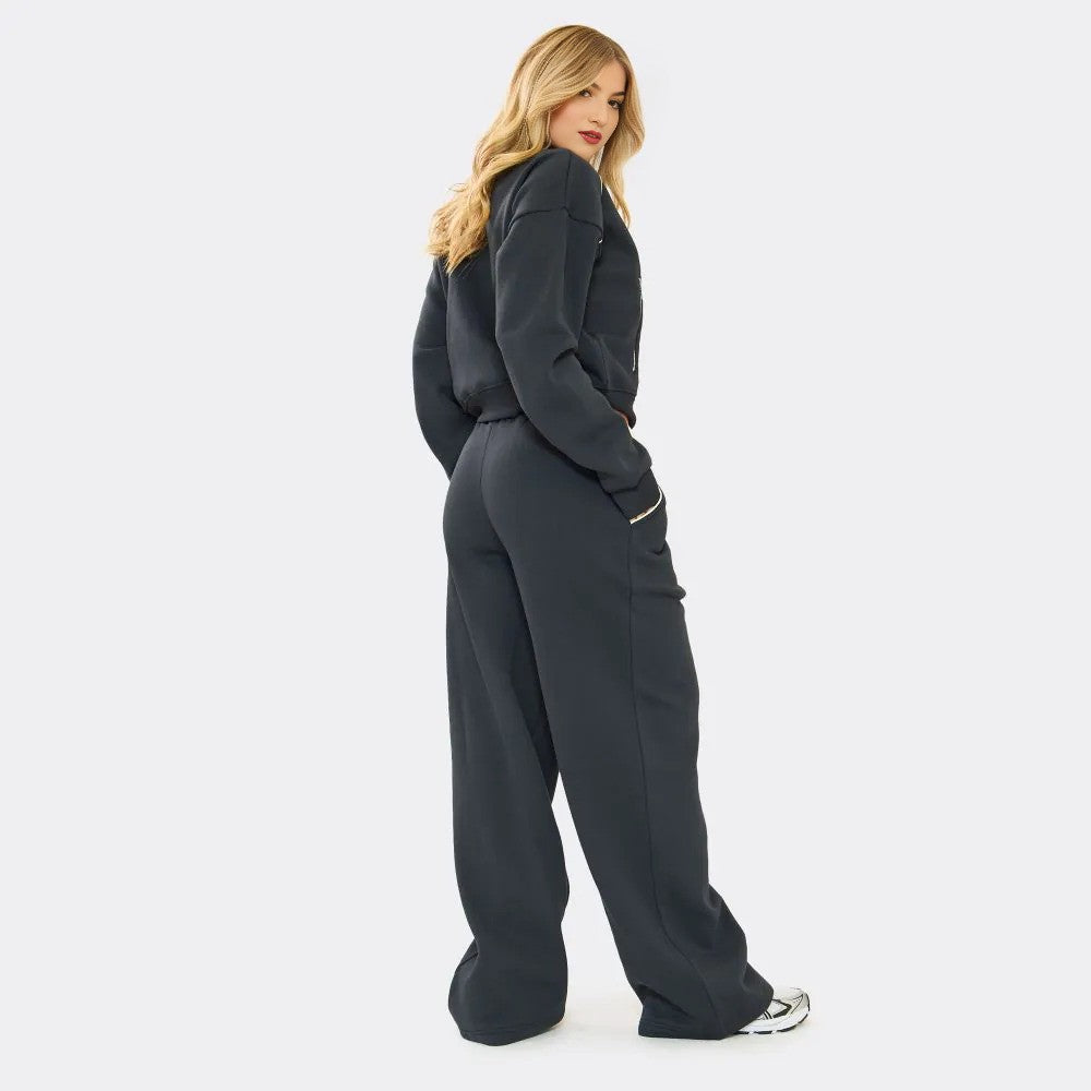Min Min Embroidered Contrast Piping Wide Leg Joggers & Sweatshirt Set – Navy Blue