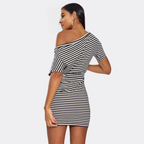 Off The Shoulder Belt Detail Mini Dress In Black Stripe