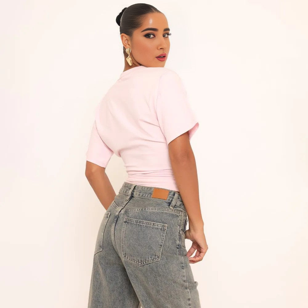 Short Sleeve Shaped Waist Fitted T-Shirt In Pink