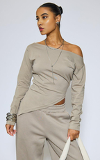 Asymmetric Cinched Waist Top & Wide Leg Joggers Co-ord Set In Taupe