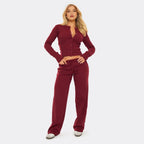 Ribbed Button Up Fitted Top & Drawstring Straight Leg Trousers Co-Ord Set – Burgundy