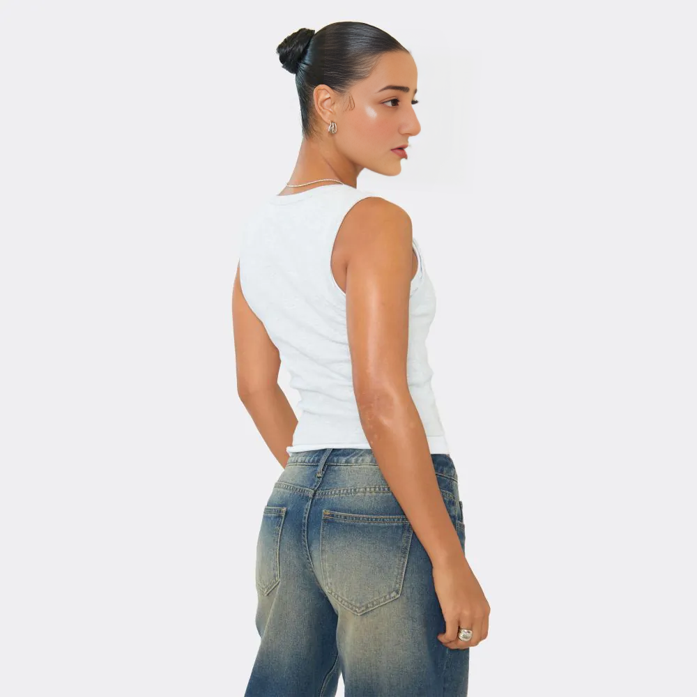 Scoop Neck Contrast Detail Vest Top In Grey Rib