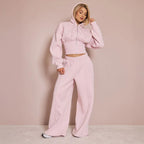 Pink Seam Detail Zip Up Longline Hoodie & Wide Leg Joggers Set