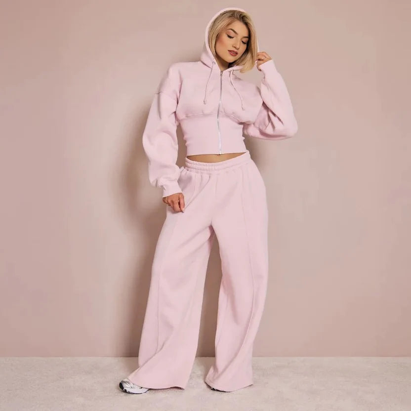 Zip-Up Cropped Hoodie & Wide-Leg Jogger Set