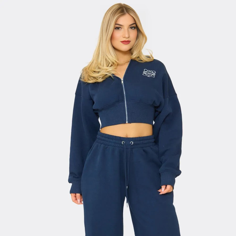 Navy Blue Swirl Graphic Cropped Hoodie & Straight Leg Joggers Set